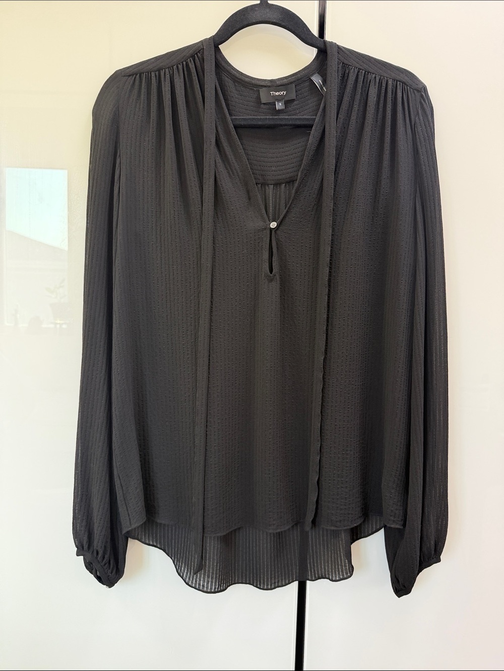 Theory Black Long-Sleeve Tie-Neck Blouse